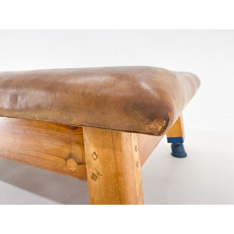 Vintage leather and wood gym bench, Czechoslovakia 1940s