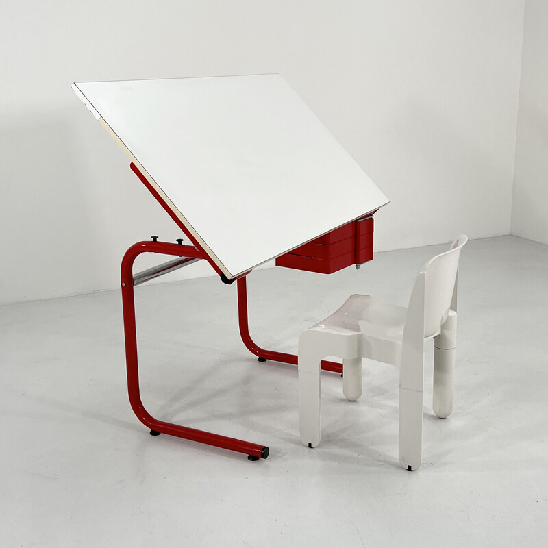 Vintage red drafting table by Joe Colombo for Bieffeplast, 1970s