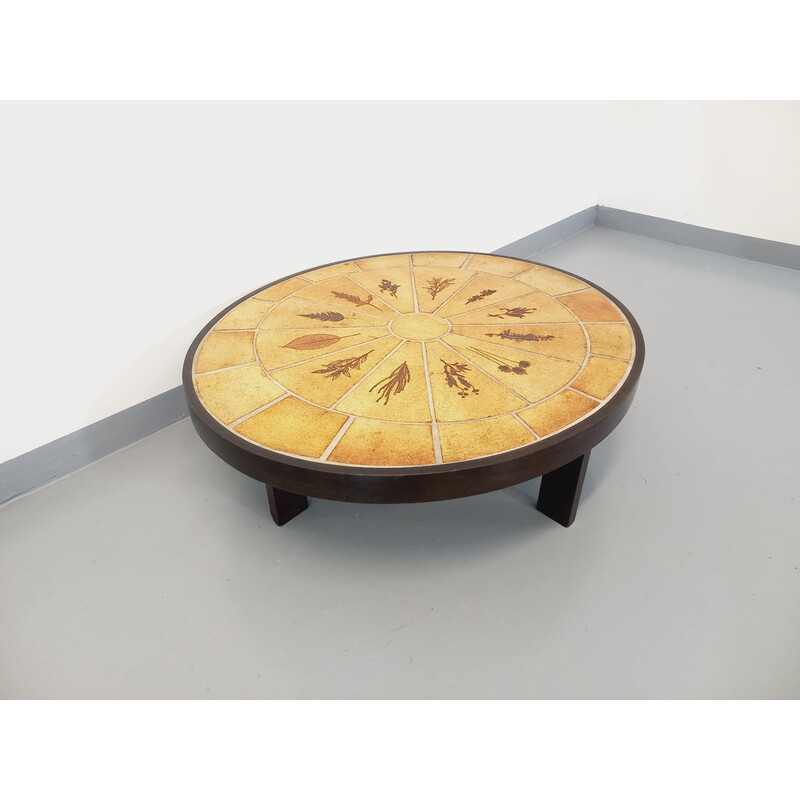 Table basse vintage en bois foncé et céramique de Roger Capron pour Vallauris, 1960 - 1970