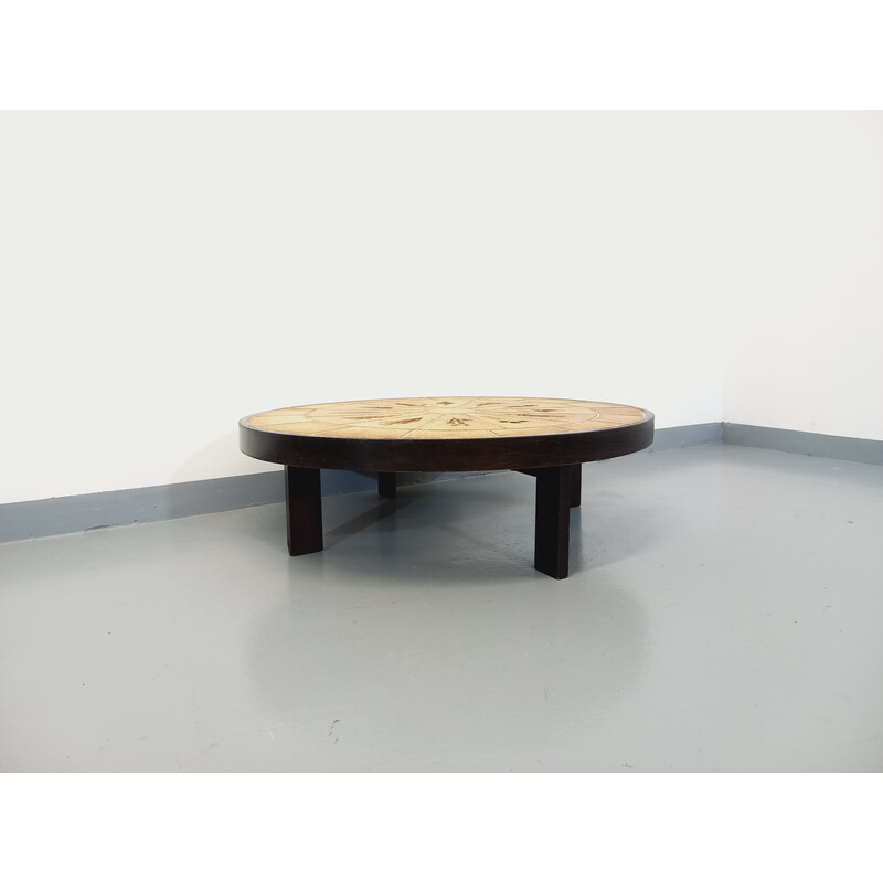 Mesa de centro vintage em madeira escura e cerâmica de Roger Capron para Vallauris, 1960 - 1970