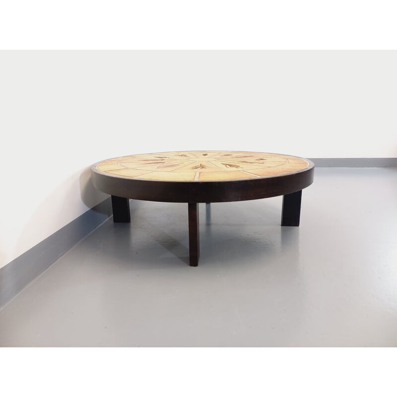 Vintage coffee table in dark wood and ceramic by Roger Capron for Vallauris, 1960 - 1970