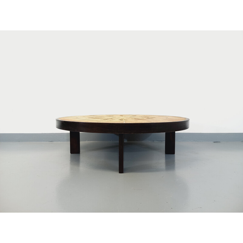 Mesa de centro vintage en madera oscura y cerámica de Roger Capron para Vallauris, 1960 - 1970
