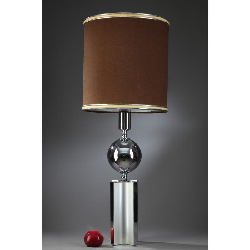 Lampe de table en métal de couleur argenté et abat-jour marron - 1970  