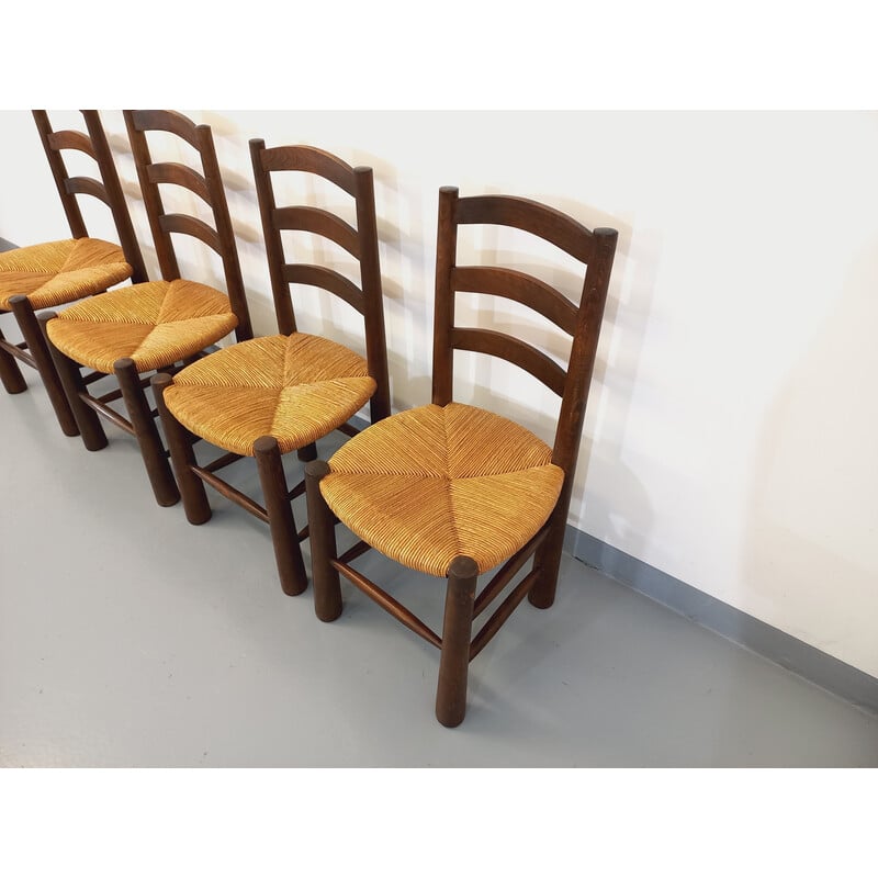 Set of 4 vintage Brutalist chairs in wood and straw, 1950-1960