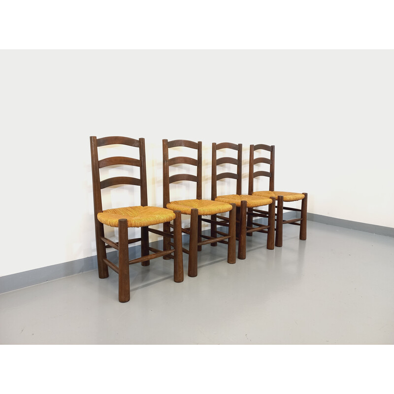 Set van 4 vintage brutalistische stoelen in hout en stro, 1950-1960