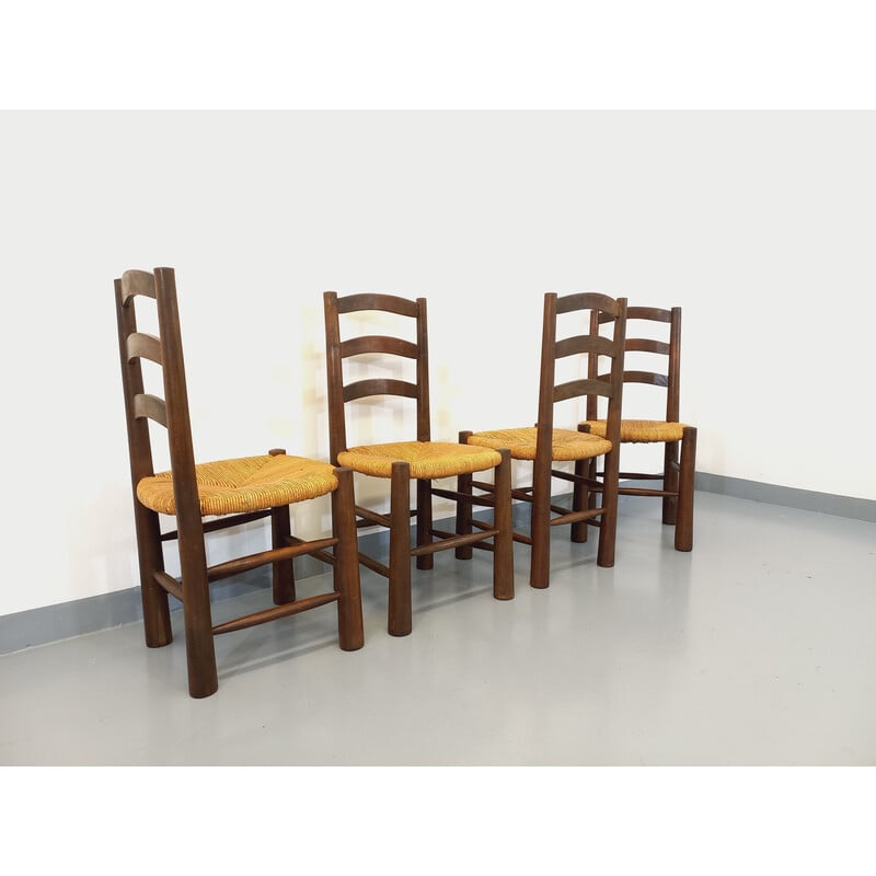 Set of 4 vintage Brutalist chairs in wood and straw, 1950-1960
