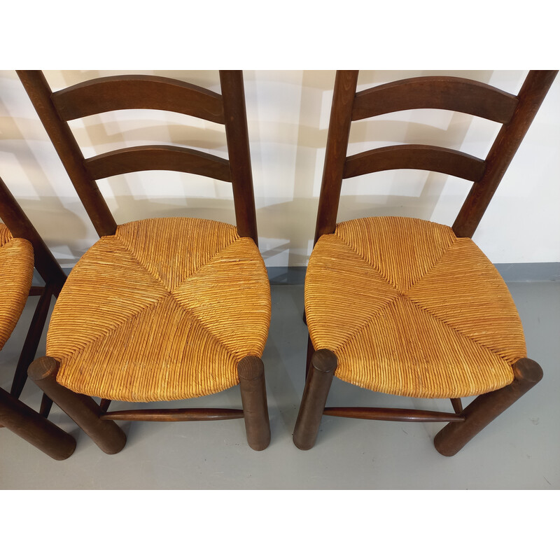 Juego de 4 sillas brutalistas vintage en madera y paja, 1950-1960