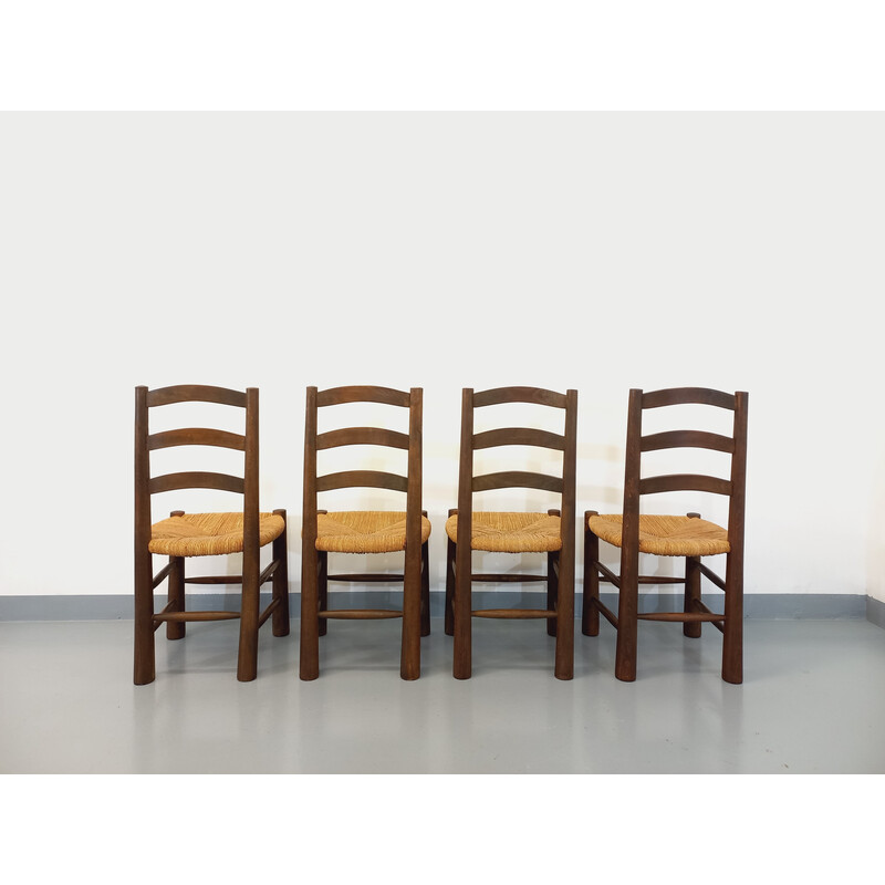 Conjunto de 4 cadeiras brutalistas vintage em madeira e palha, 1950-1960