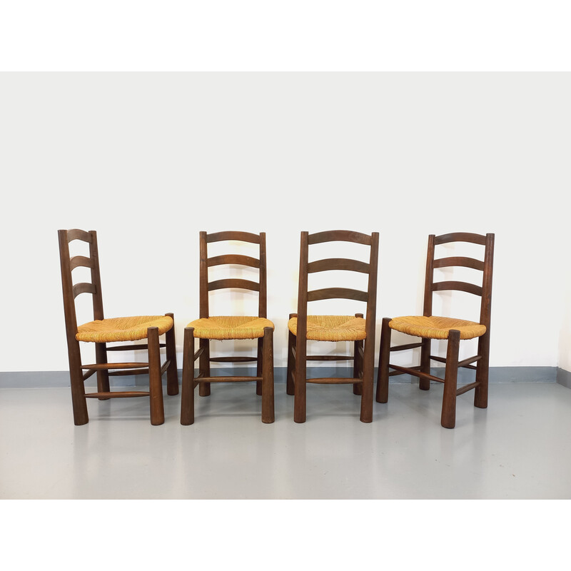 Set di 4 sedie brutaliste vintage in legno e paglia, 1950-1960