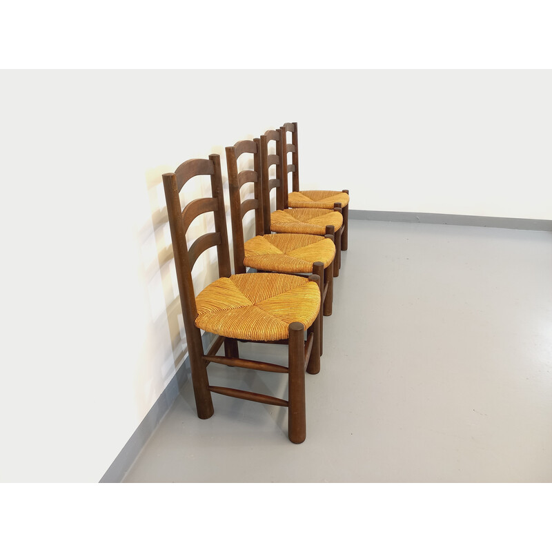 Set of 4 vintage Brutalist chairs in wood and straw, 1950-1960