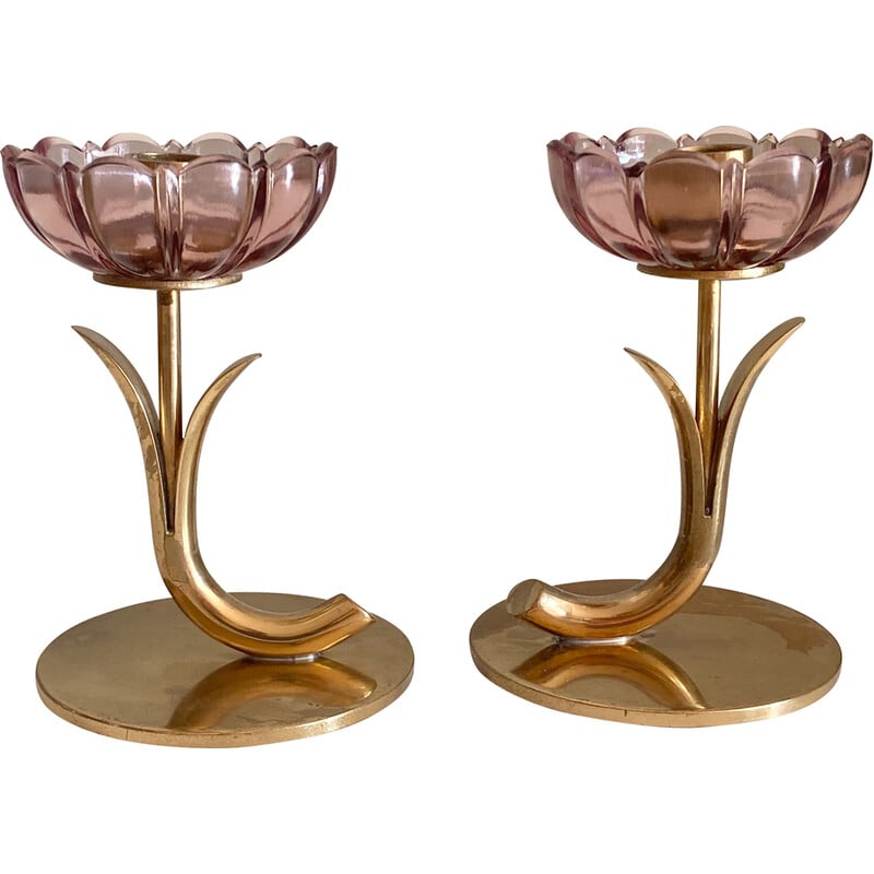 Pair of vintage brass and glass flowers candlesticks by Gunnar Ander for Ystad Metal, Sweden