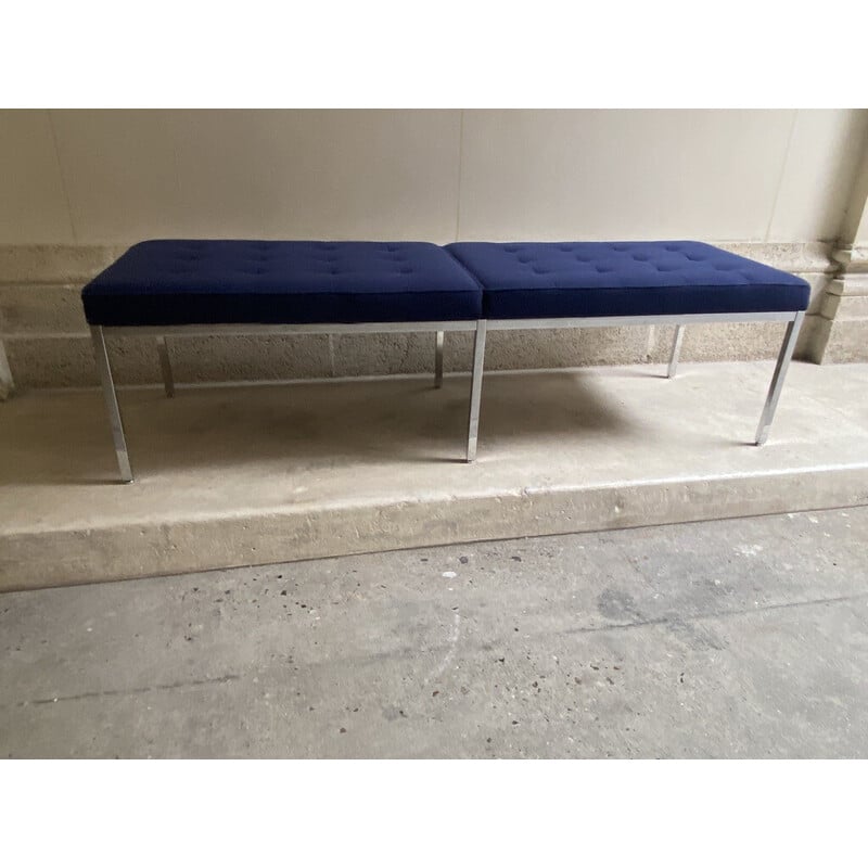 Vintage bench in blue and chrome fabric by Florence Knoll for Knoll