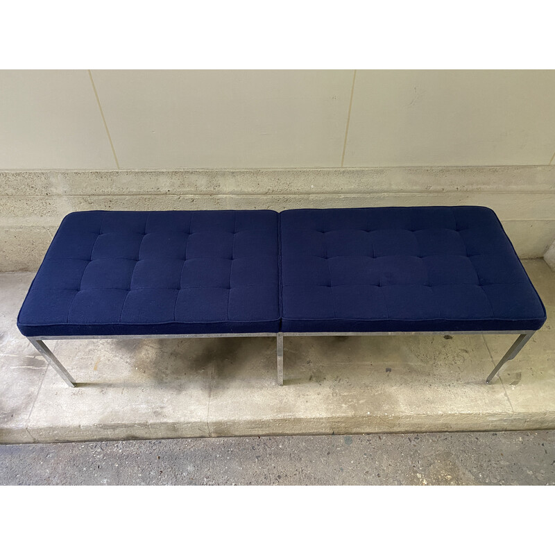 Vintage bench in blue and chrome fabric by Florence Knoll for Knoll