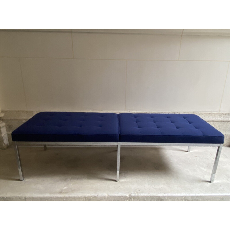 Vintage bench in blue and chrome fabric by Florence Knoll for Knoll