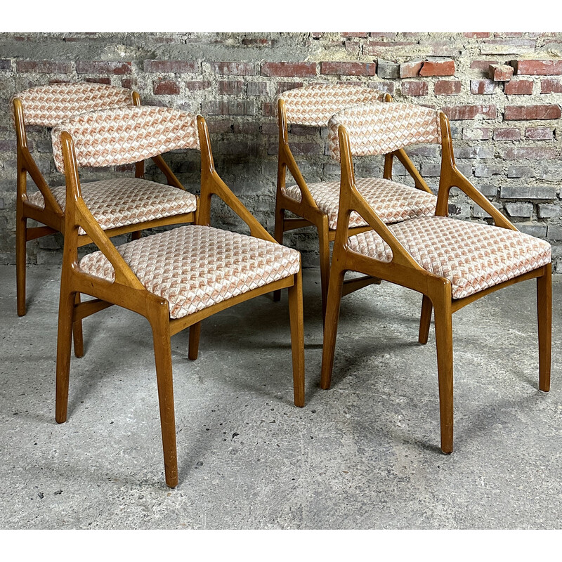 Set of 4 vintage Scandinavian chairs in blond teak and fabric by Kaï Kristiansen, Italy 1960