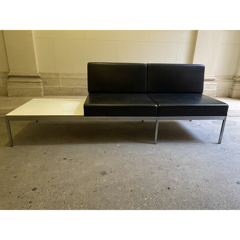 Banquette vintage en skaï noir par Kho Liang Le pour Artifort, 1960