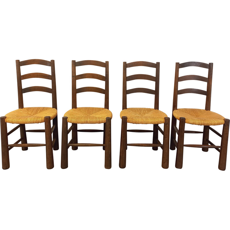 Ensemble de 4 chaises vintage brutalistes en bois et paille, 1950-1960