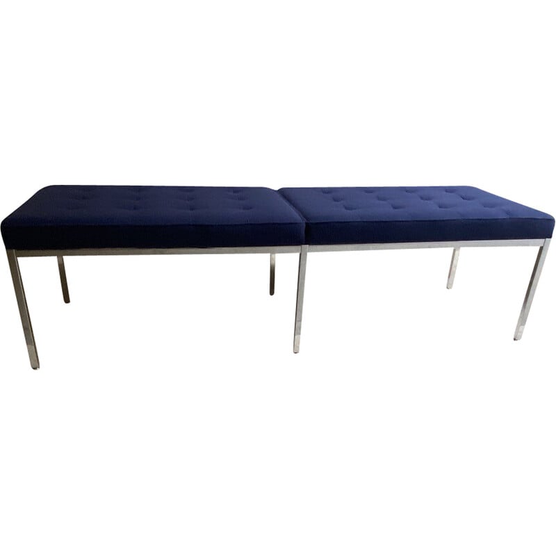 Vintage bench in blue and chrome fabric by Florence Knoll for Knoll