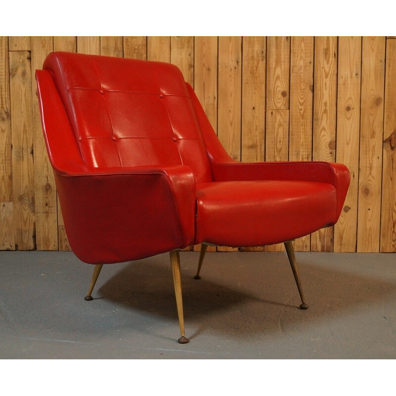 Armchair with compass legs in red skai fabric- 1950s