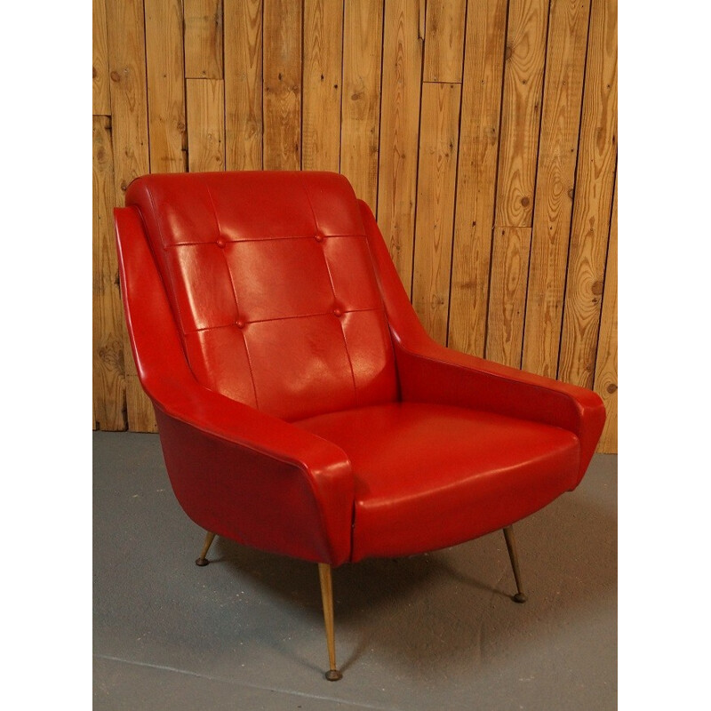 Armchair with compass legs in red skai fabric- 1950s