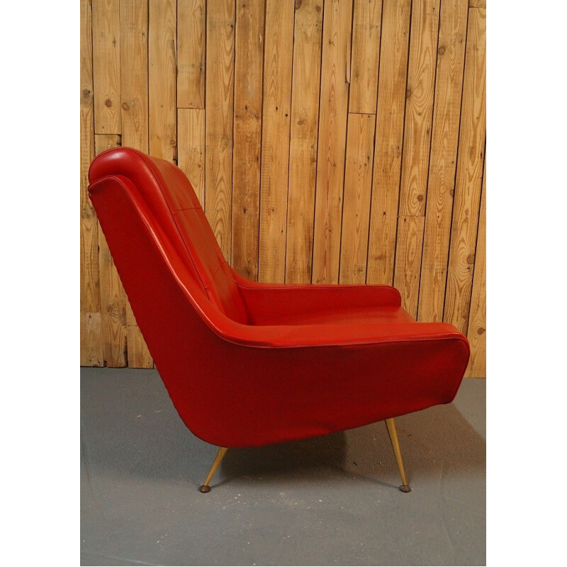Armchair with compass legs in red skai fabric- 1950s