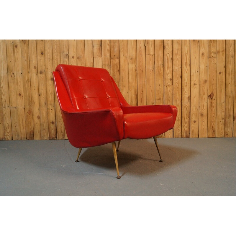 Fauteuil piétement compas en skai rouge - 1950