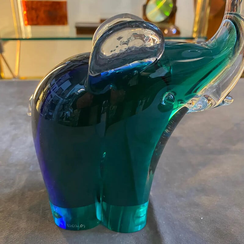 Elefante vintage in vetro di Murano blu e verde Sommerso di Vincenzo Nason, anni '80
