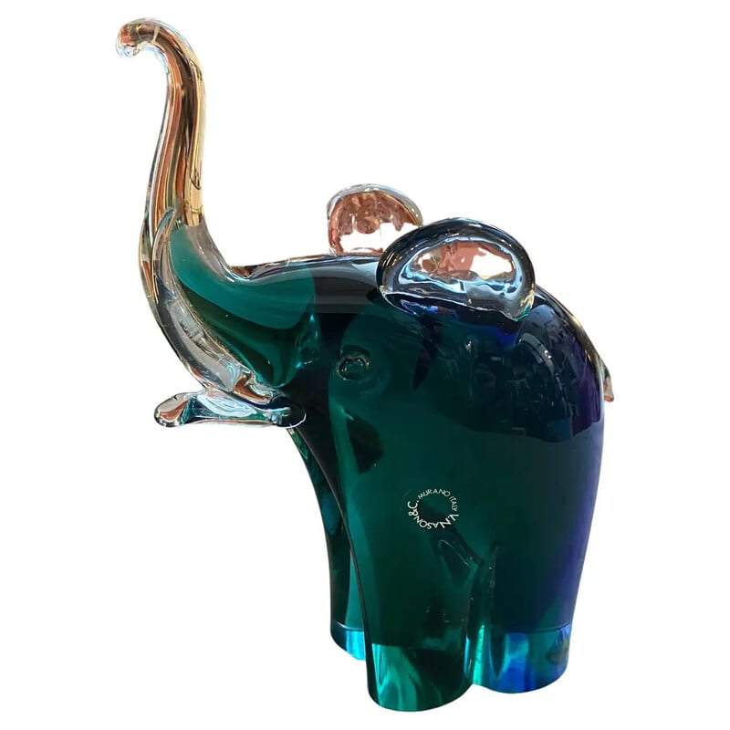 Éléphant vintage en verre de Murano Sommerso bleu et vert par Vincenzo Nason, 1980