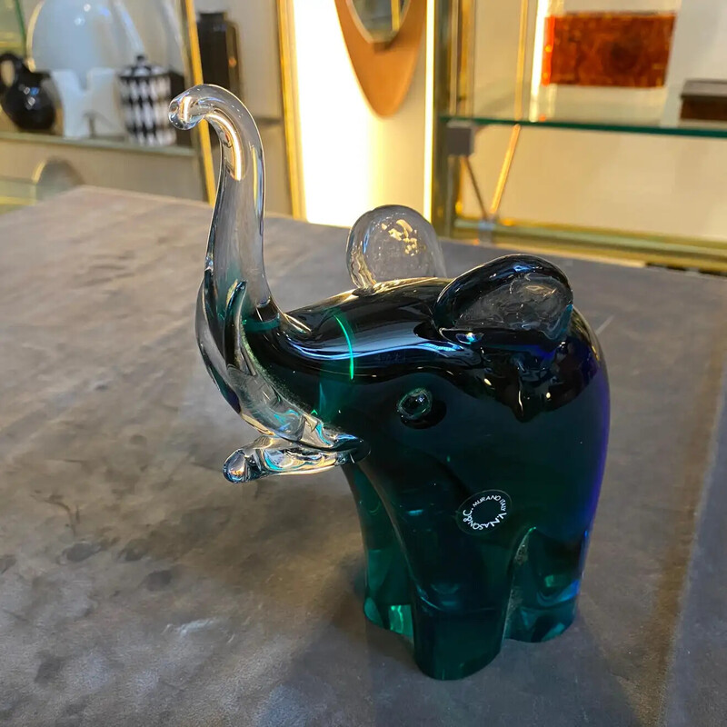 Vintage blue and green Sommerso Murano glass elephant by Vincenzo Nason, 1980s