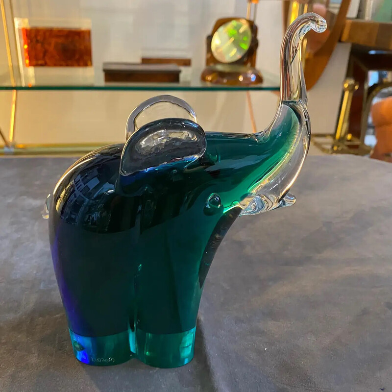 Vintage blue and green Sommerso Murano glass elephant by Vincenzo Nason, 1980s