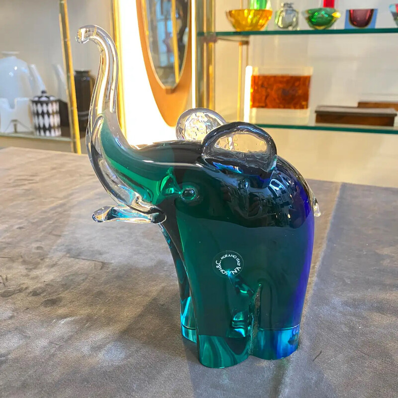 Vintage blue and green Sommerso Murano glass elephant by Vincenzo Nason, 1980s