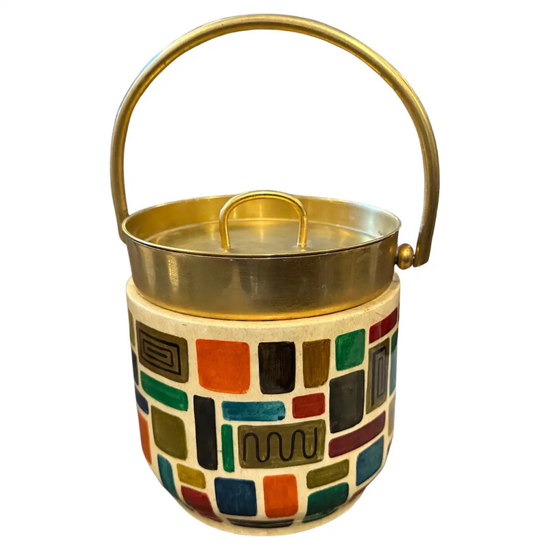 Mid-century hand-painted goatskin and brass ice bucket by Aldo Tura, 1950s