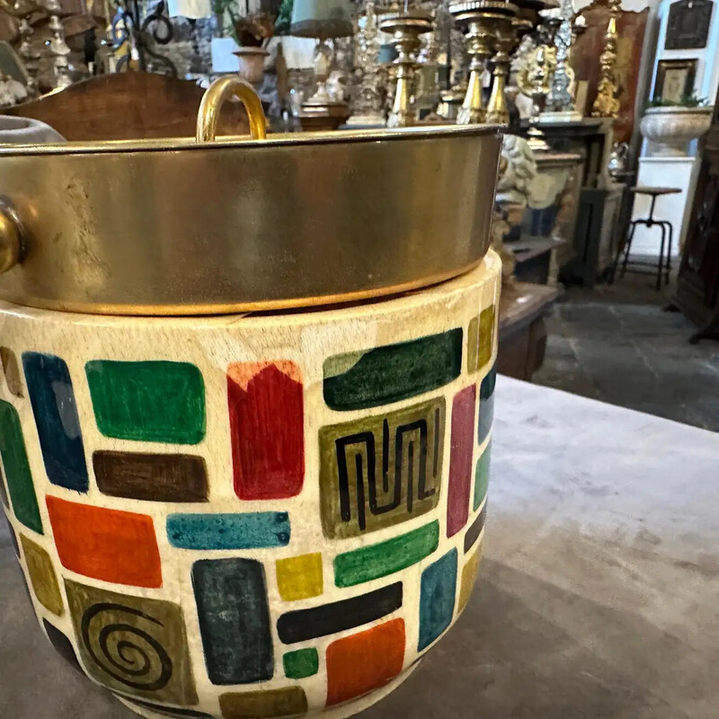 Mid-century hand-painted goatskin and brass ice bucket by Aldo Tura, 1950s