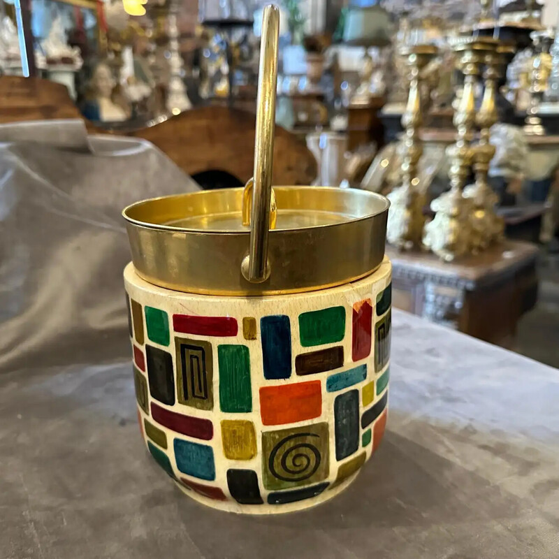 Mid-century hand-painted goatskin and brass ice bucket by Aldo Tura, 1950s