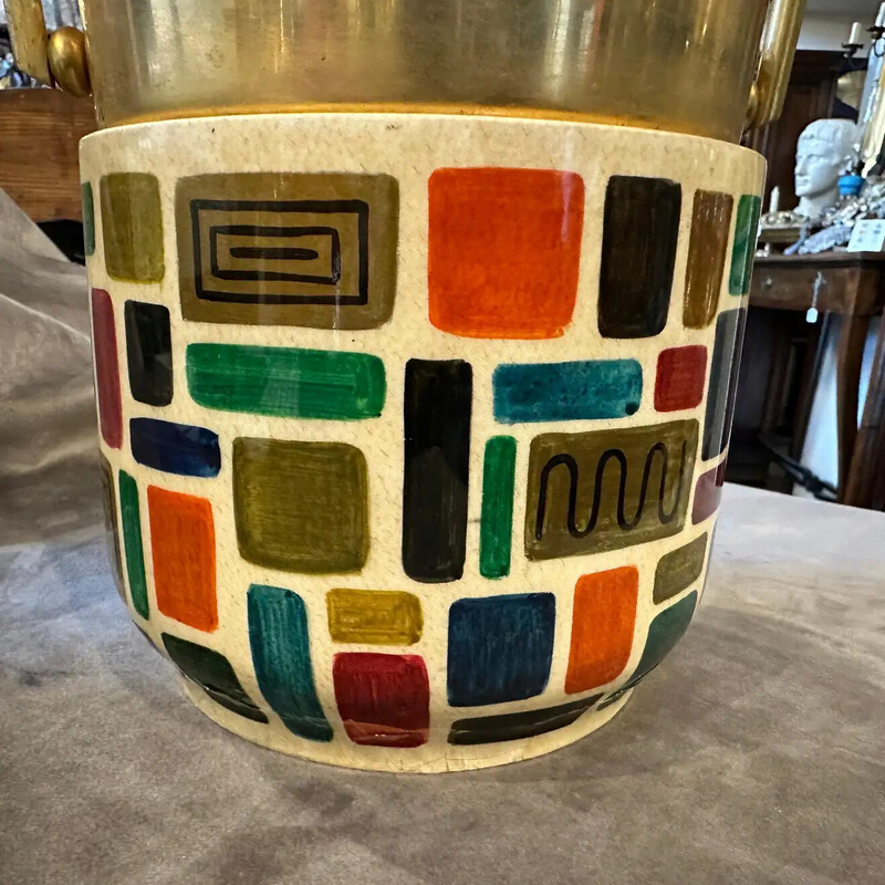 Mid-century hand-painted goatskin and brass ice bucket by Aldo Tura, 1950s