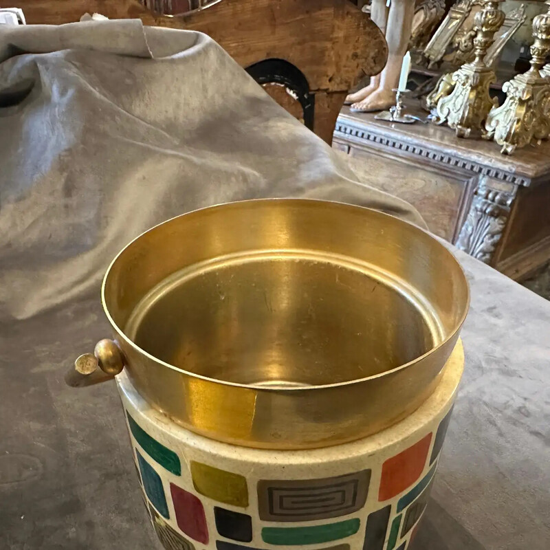 Mid-century hand-painted goatskin and brass ice bucket by Aldo Tura, 1950s