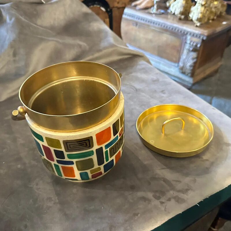 Mid-century hand-painted goatskin and brass ice bucket by Aldo Tura, 1950s