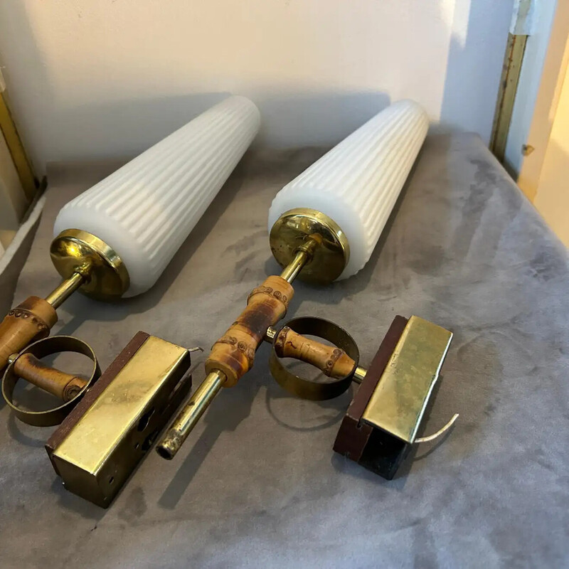 Pair of mid-century brass, wood and white glass Italian wall lamps, 1950s