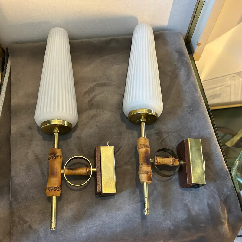 Pair of mid-century brass, wood and white glass Italian wall lamps, 1950s