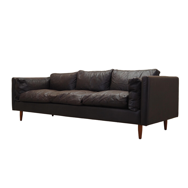Vintage brown leather and wood sofa, Denmark 1960