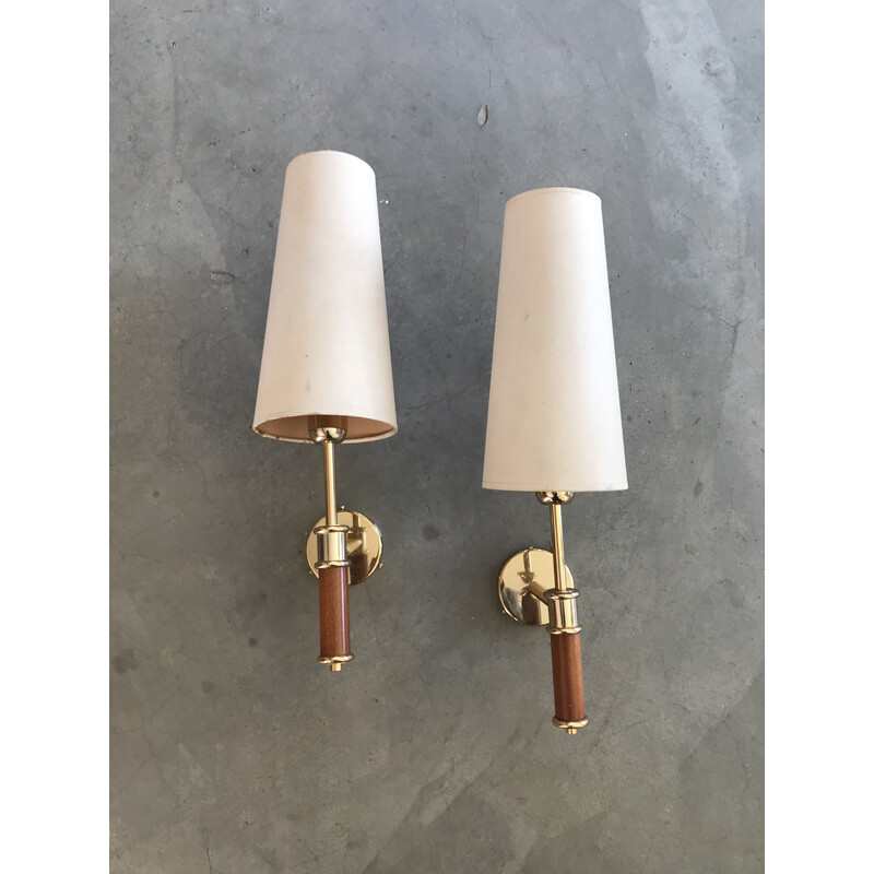 Pair of vintage modernist wall lamps in wood and gilded metal, 1990