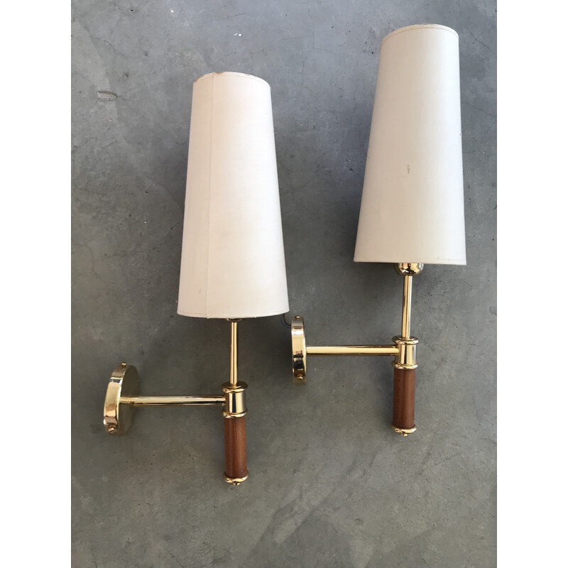 Pair of vintage modernist wall lamps in wood and gilded metal, 1990