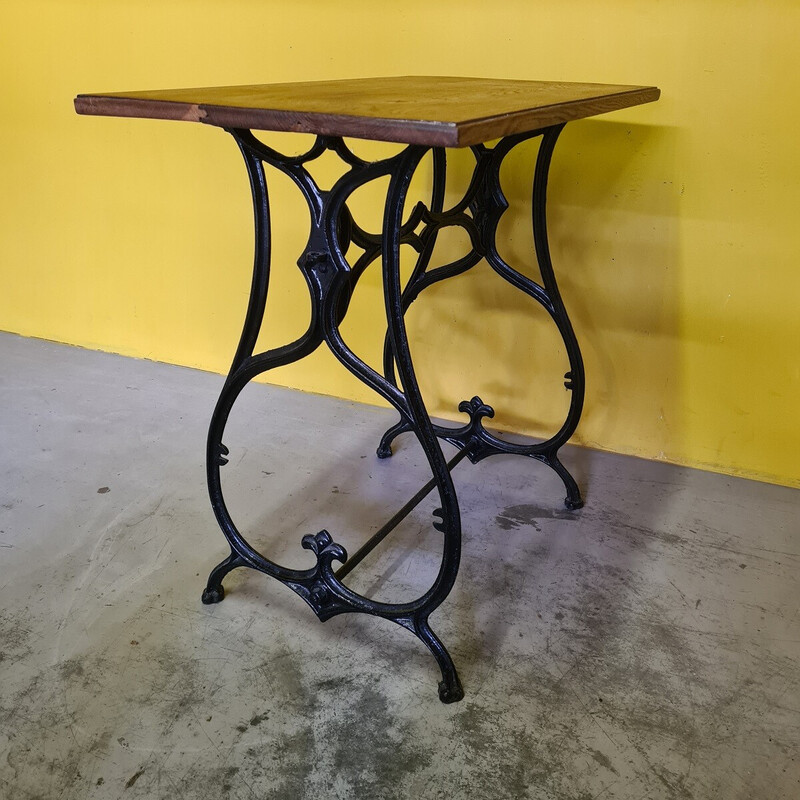 Vintage French cast iron side table with oakwood top, 1900s