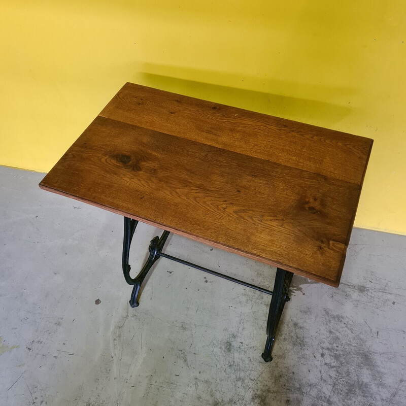 Vintage French cast iron side table with oakwood top, 1900s