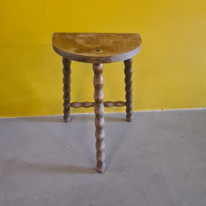 Vintage French wooden peasant stool, 1970s