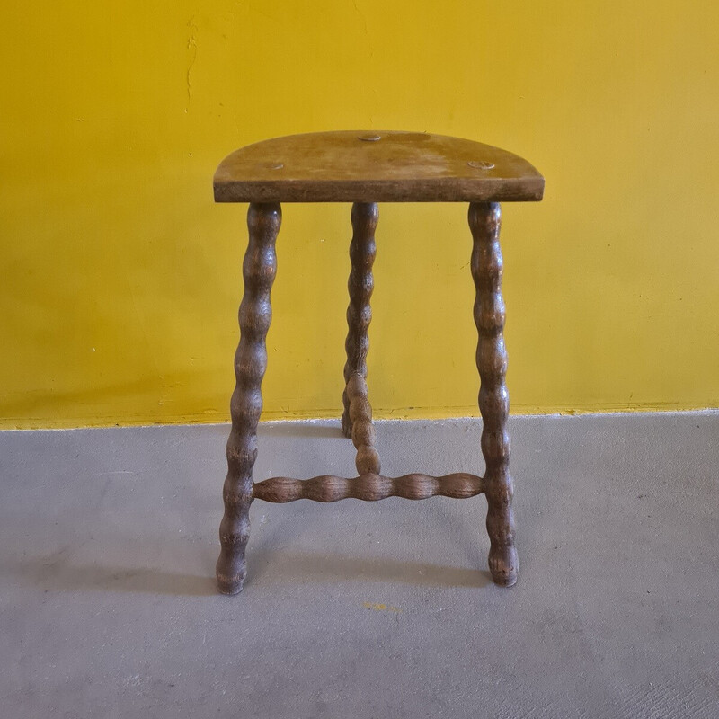 Vintage French wooden peasant stool, 1970s