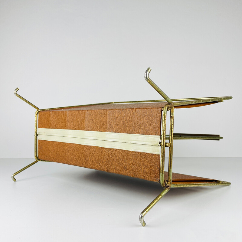 Vintage brass and imitation leather magazine rack, Italy 1960