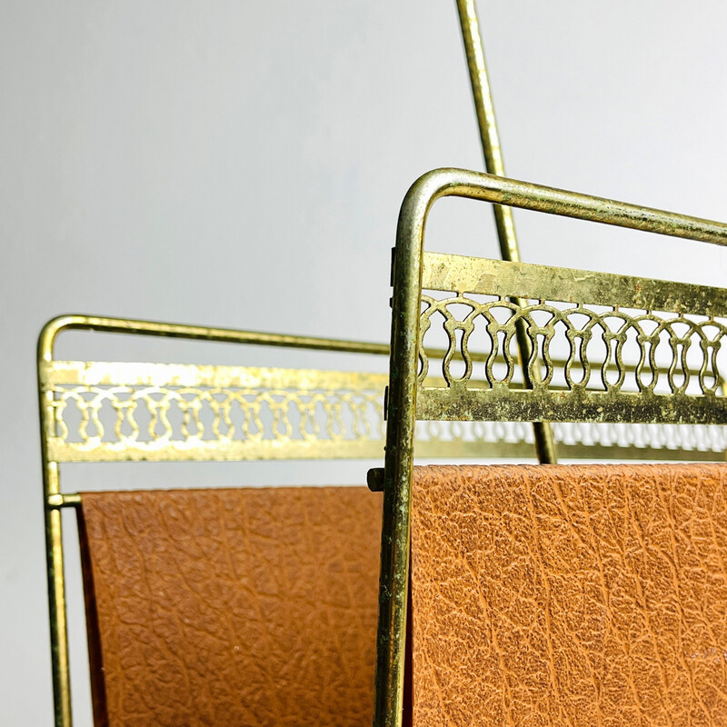 Vintage brass and imitation leather magazine rack, Italy 1960