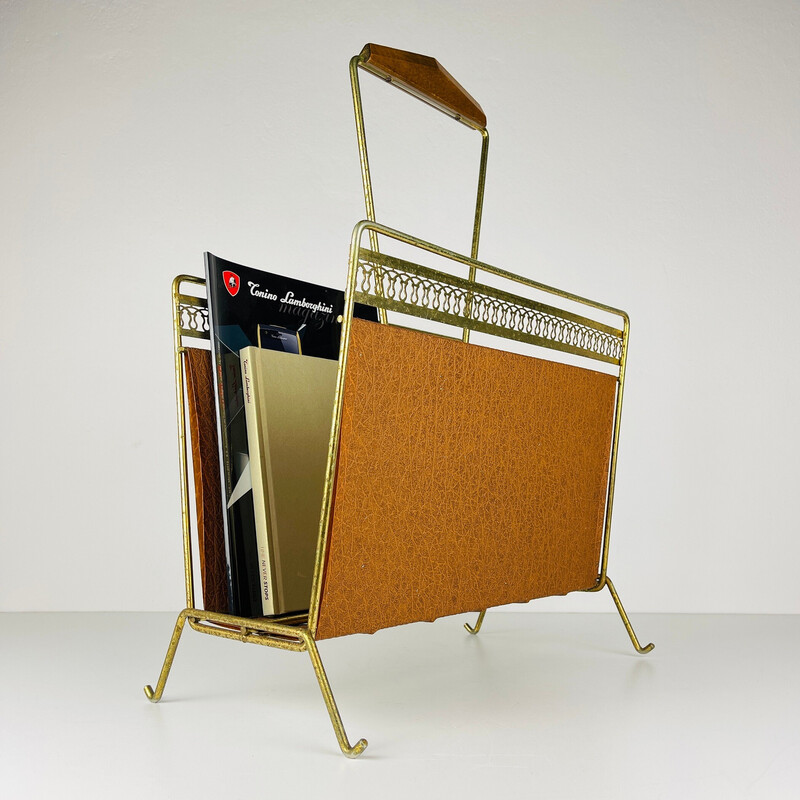 Vintage brass and imitation leather magazine rack, Italy 1960