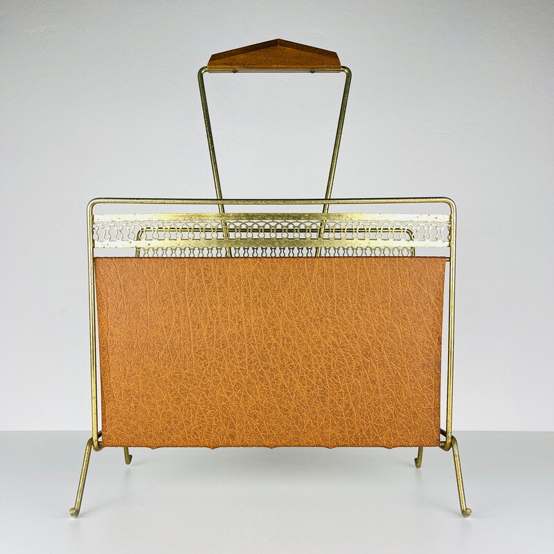 Vintage brass and imitation leather magazine rack, Italy 1960